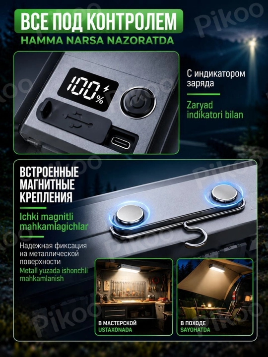 180 LED, 20000 mA/soat, 200 m, 3 rejimli, magnit va ilgakli favqulodda projektor