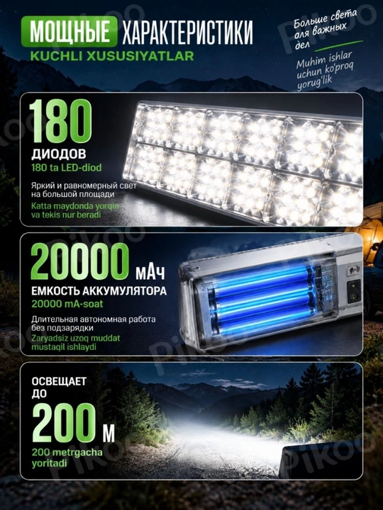 180 LED, 20000 mA/soat, 200 m, 3 rejimli, magnit va ilgakli favqulodda projektor