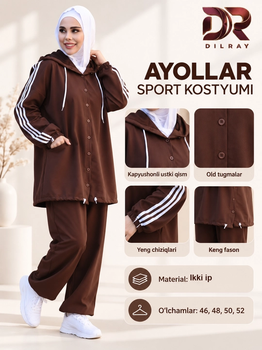 Ayollar sport kostyumi, kapyushonli, tugmali keng fason, ikki ip