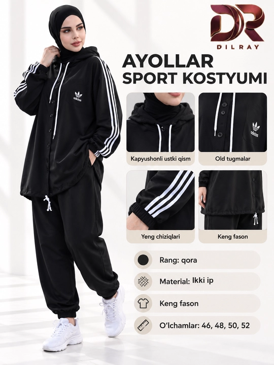 Ayollar sport kostyumi, kapyushonli, tugmali keng fason, ikki ip