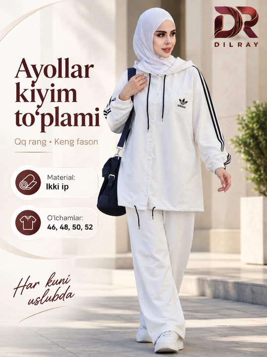 Ayollar sport kostyumi, kapyushonli, tugmali keng fason, ikki ip