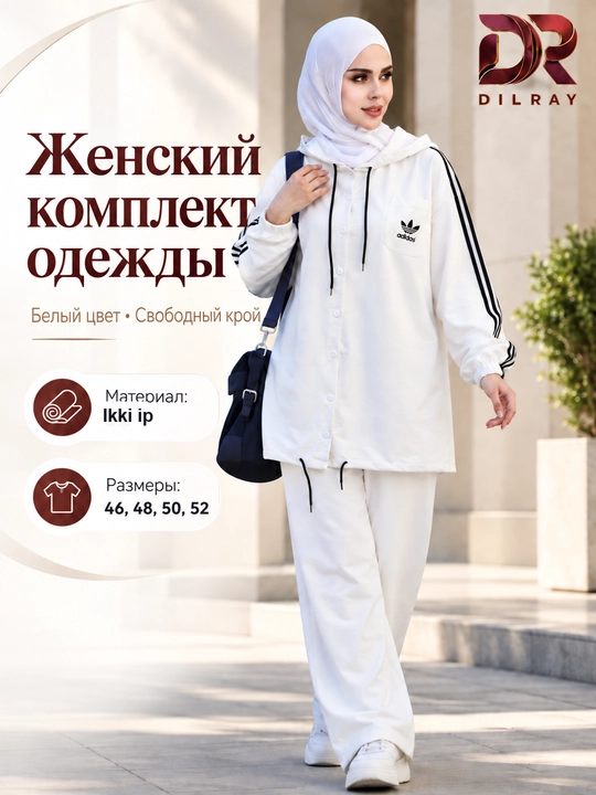 Ayollar sport kostyumi, kapyushonli, tugmali keng fason, ikki ip