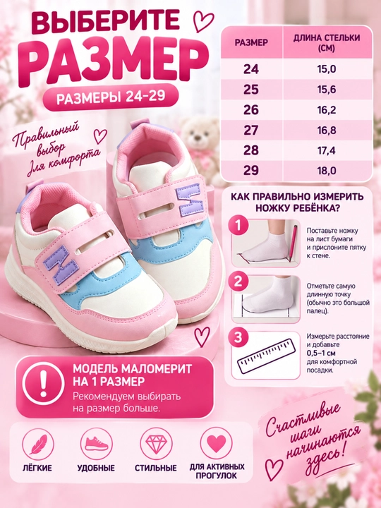 O‘g‘il va qiz bolalar uchun krossovkalar, bolalar poyabzali, 24-29 o‘lchamlar, 1 o‘lcham kichikroq