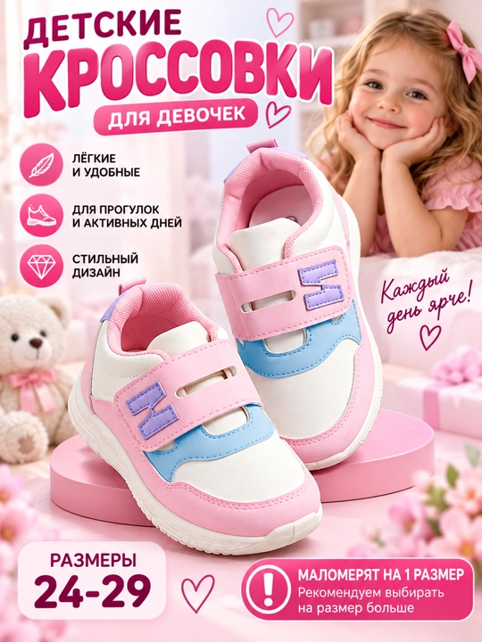 O‘g‘il va qiz bolalar uchun krossovkalar, bolalar poyabzali, 24-29 o‘lchamlar, 1 o‘lcham kichikroq