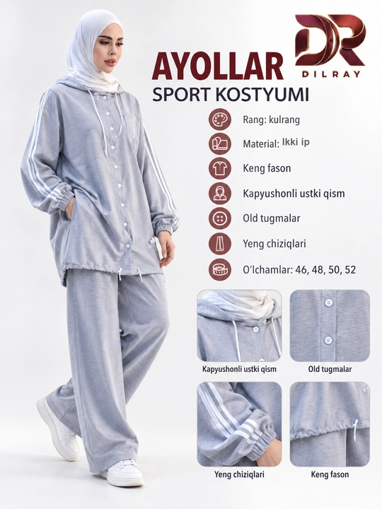 Ayollar sport kostyumi, kapyushonli, tugmali keng fason, ikki ip
