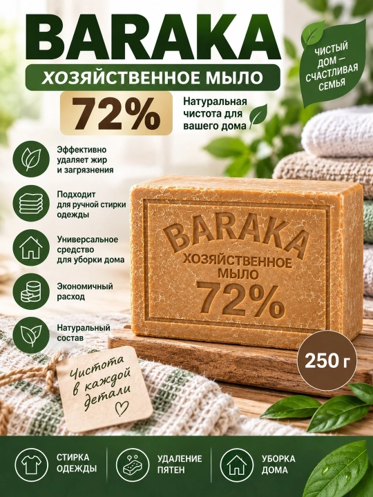 BARAKA 72% xo‘jalik sovuni — kir va yog‘larni ketkazish uchun