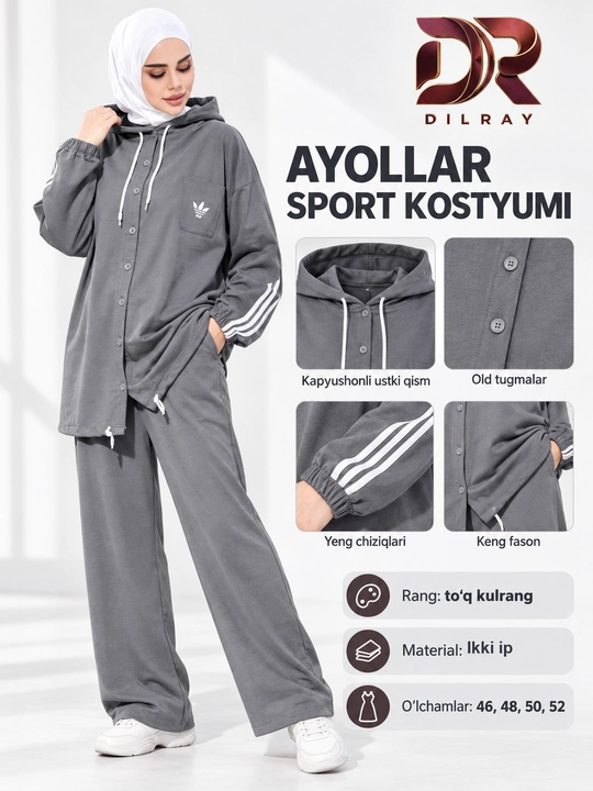 Ayollar sport kostyumi, kapyushonli, tugmali keng fason, ikki ip