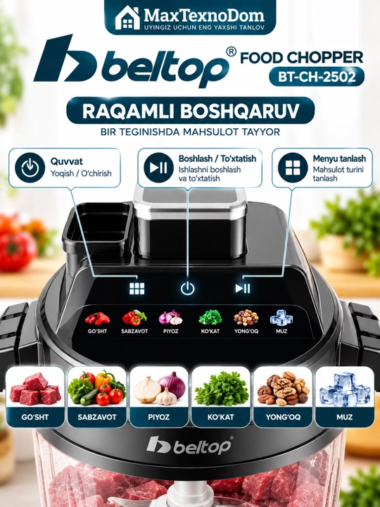 BT-CH-2502 elektr chopper-maydalagich, raqamli boshqaruv, 600 W, 3 litr, 6 ta  pichoq