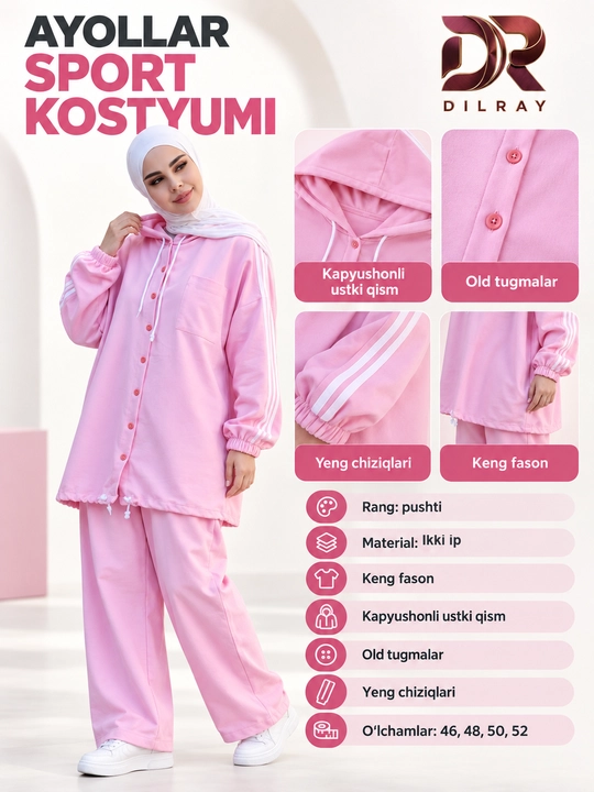 Ayollar sport kostyumi, kapyushonli, tugmali keng fason, ikki ip