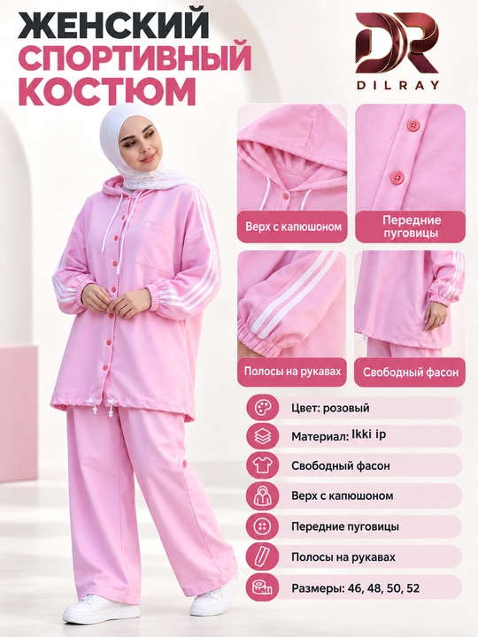 Ayollar sport kostyumi, kapyushonli, tugmali keng fason, ikki ip