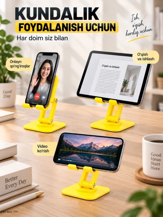 Telefon va planshet uchun buklanadigan stol stendi, 360° aylanuvchi