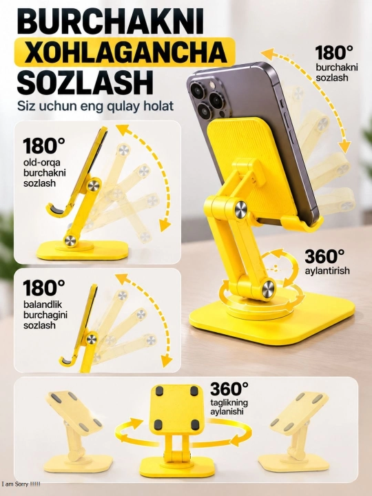 Telefon va planshet uchun buklanadigan stol stendi, 360° aylanuvchi