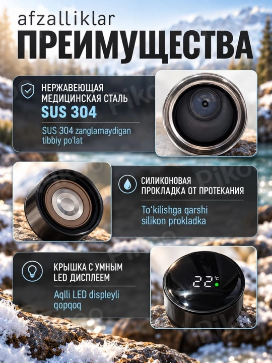 LED displeyli aqlli termos harorat sensori bilan 500 ml zanglamas po‘lat termos