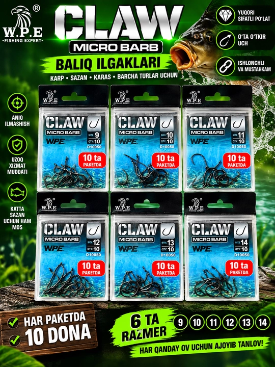 WPE CLAW Micro Barb Baliq Ilgaklari 9–14 Razmer–O‘tkir va Mustahkam Karp Sazan Karas uchun - 