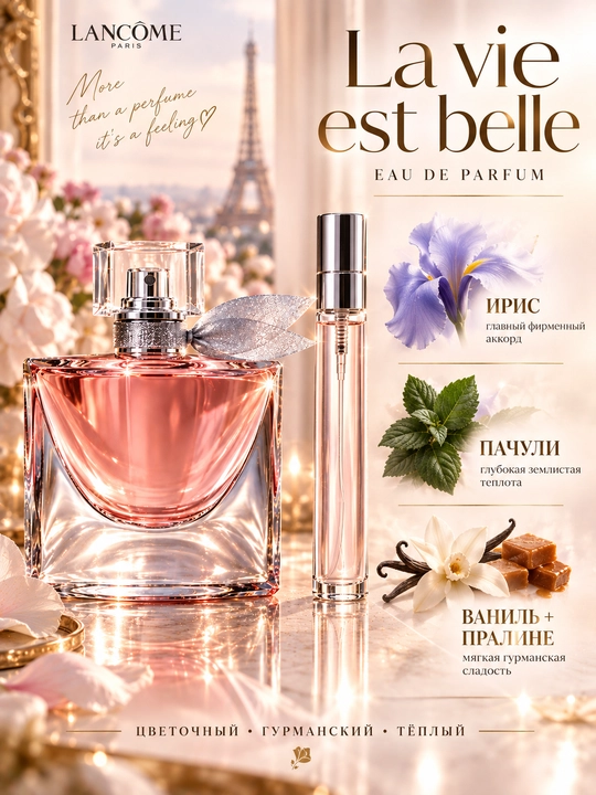 Atir La vie est Belle Lancome ayollar uchun, gulli mevali shirin iforli ayollar atiri