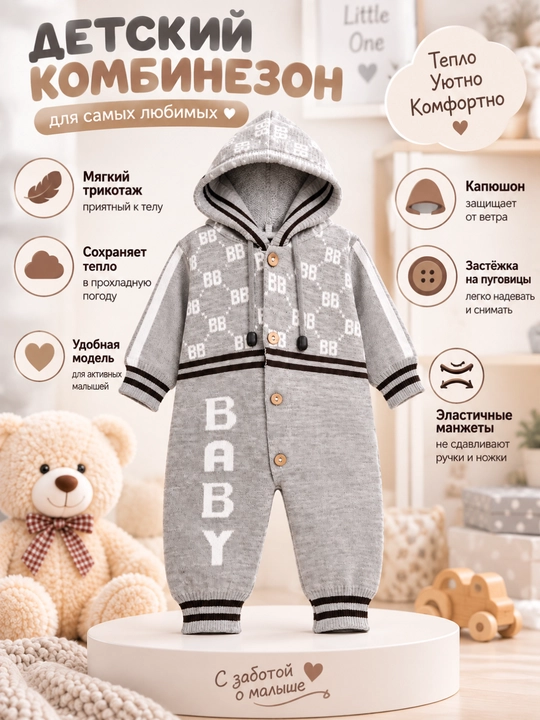 Вязаный комбинезон с капюшоном для малышей, мягкая тёплая одежда, 0–12 месяцев - 