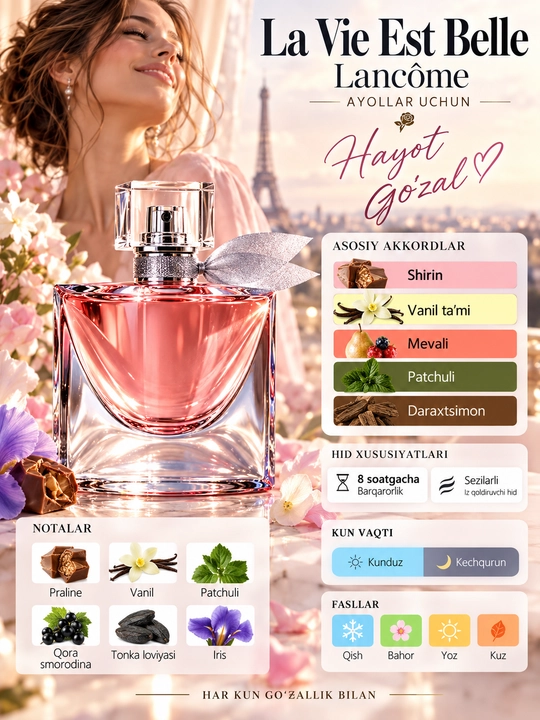 Atir La vie est Belle Lancome ayollar uchun, gulli mevali shirin iforli ayollar atiri