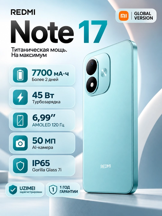 Смартфон Redmi Note 17, 8/256ГБ, 7700мАч батарея, 120Гц AMOLED экран, 45Вт быстрая зарядка - 