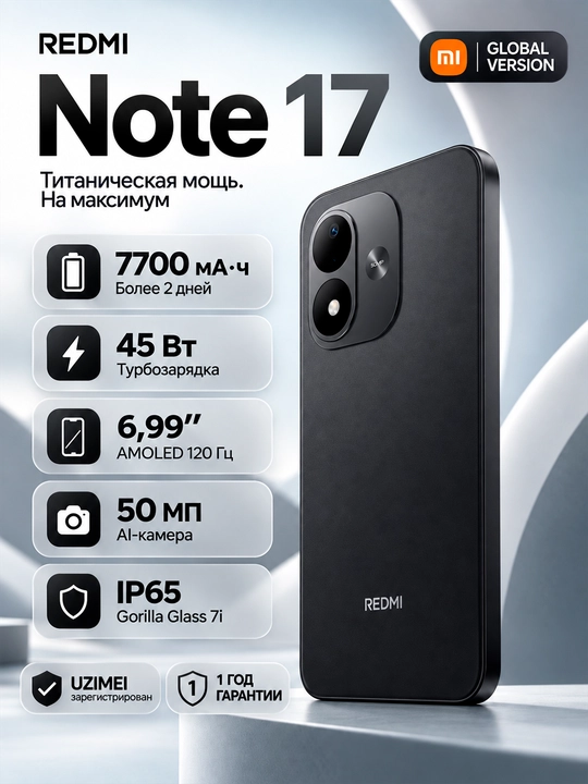 Смартфон Redmi Note 17, 8/256ГБ, 7700мАч батарея, 120Гц AMOLED экран, 45Вт быстрая зарядка - 