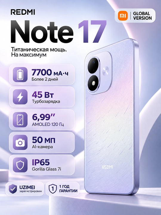 Смартфон Redmi Note 17, 8/256ГБ, 7700мАч батарея, 120Гц AMOLED экран, 45Вт быстрая зарядка - 