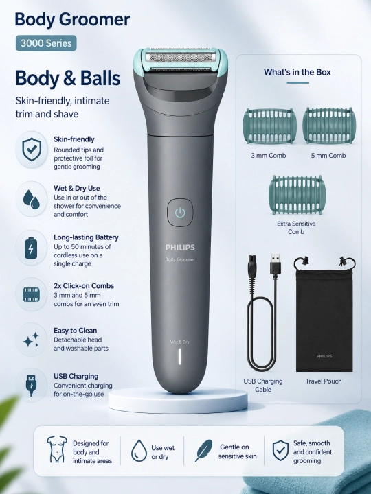 Триммер Philips BG3485/15 для тела, сухое и влажное бритье - 