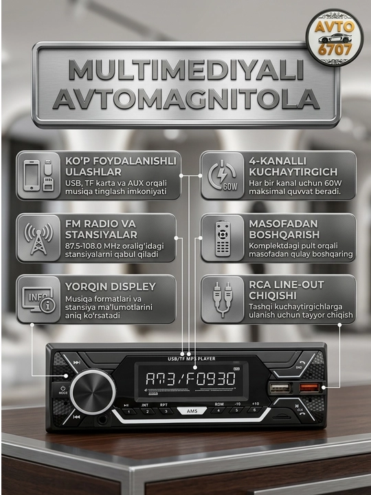 Автомагнитола 1-DIN с Bluetooth, 7 цветов подсветки, 60Wx4 и USB