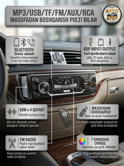 Автомагнитола 1-DIN с Bluetooth, 7 цветов подсветки, 60Wx4 и USB