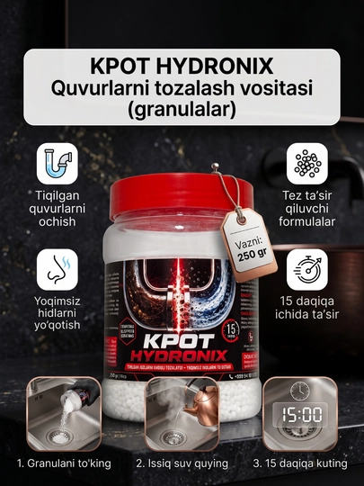KROT Hydronix quvurlarni ochish va tozalash uchun tez ta'sir qiluvchi granulalar, 250 gr - 