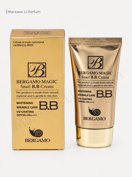 Bergamo Magic Snail BB kremi — kuchli SPF 50 himoya va namlik ta’siri bilan