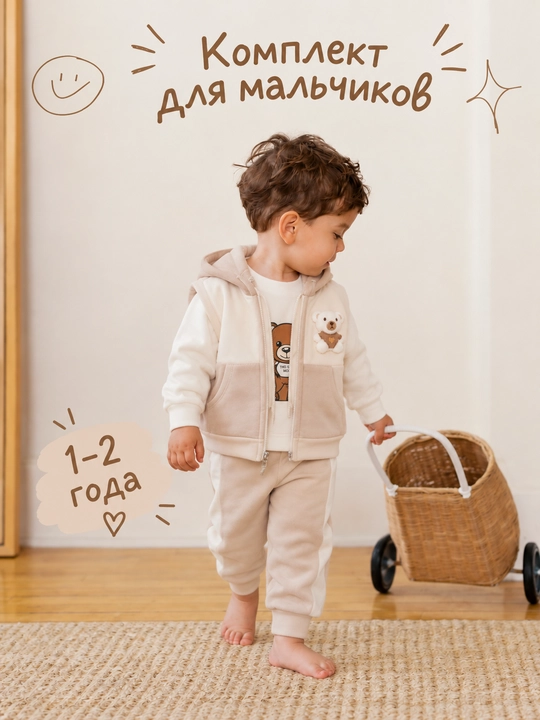 Bolalar uchun 3 talik komplekt, jiletka kofta shim, ayiqchali zamonaviy kostyum