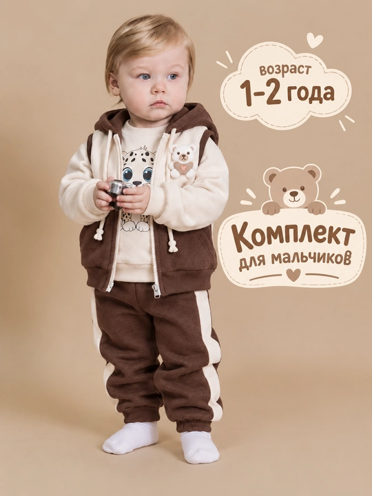 Bolalar uchun 3 talik komplekt, jiletka kofta shim, ayiqchali zamonaviy kostyum