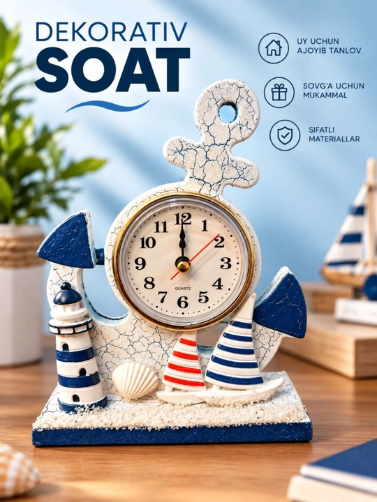 Dekorativ stol soati – dengiz uslubidagi bezak soat, uy va ofis uchun - 