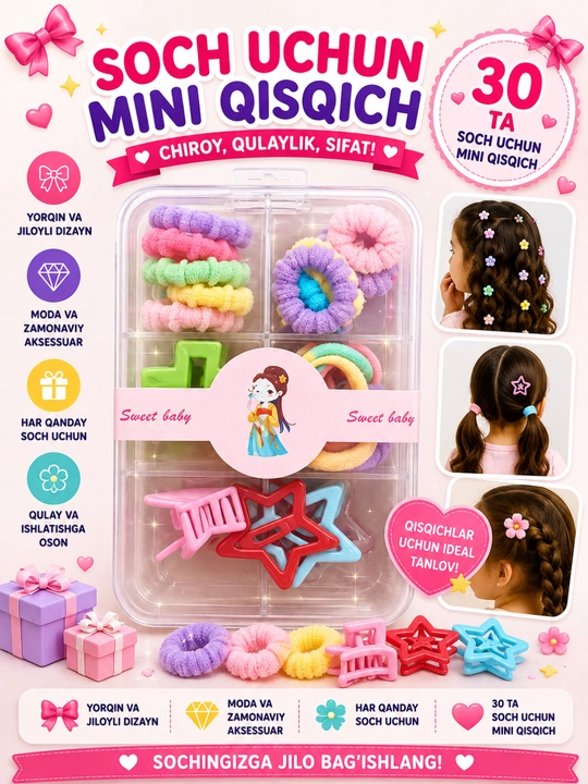 Mini soch qisqichlari qizlar uchun rangli rezinka zakolka to‘plami