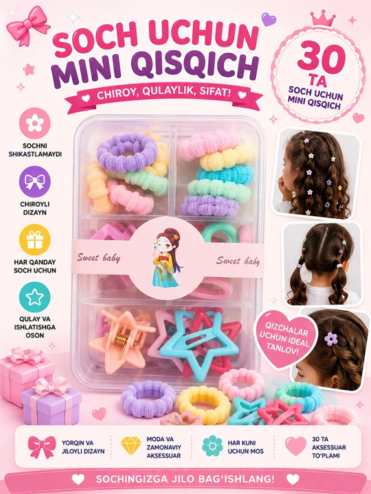 Mini soch qisqichlari qizlar uchun rangli rezinka zakolka to‘plami