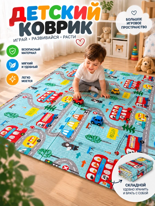 Детский игровой коврик двухсторонний 150×180 см, складной, гладкий, с ярким рисунком - 