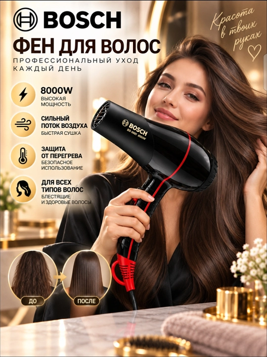 Фен BOSCH BS-9902, профессиональный фен мощностью 8000 Вт, горячего и холодного воздуха