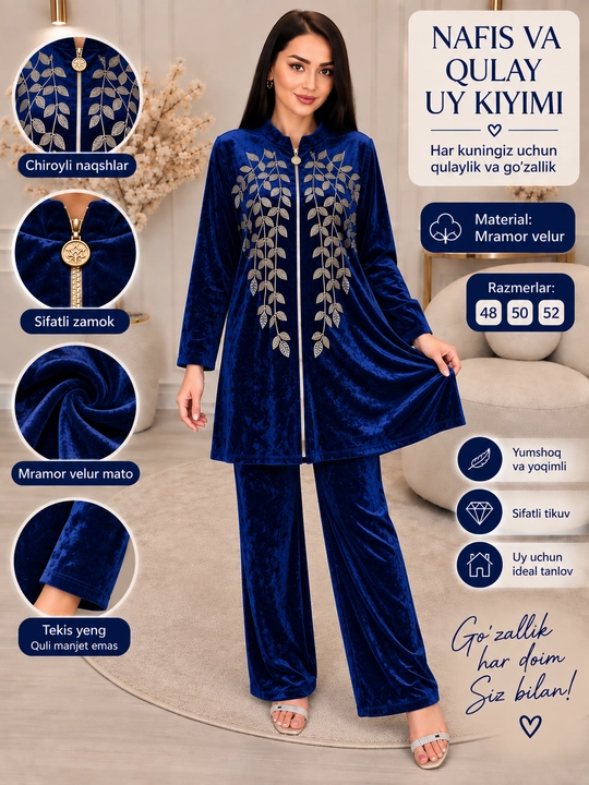 Ayollar kiyimi, uy kostyumi, ikkilik kostyum, velur kostyum, uy uchun kuzgi ayollar kiyimi - 