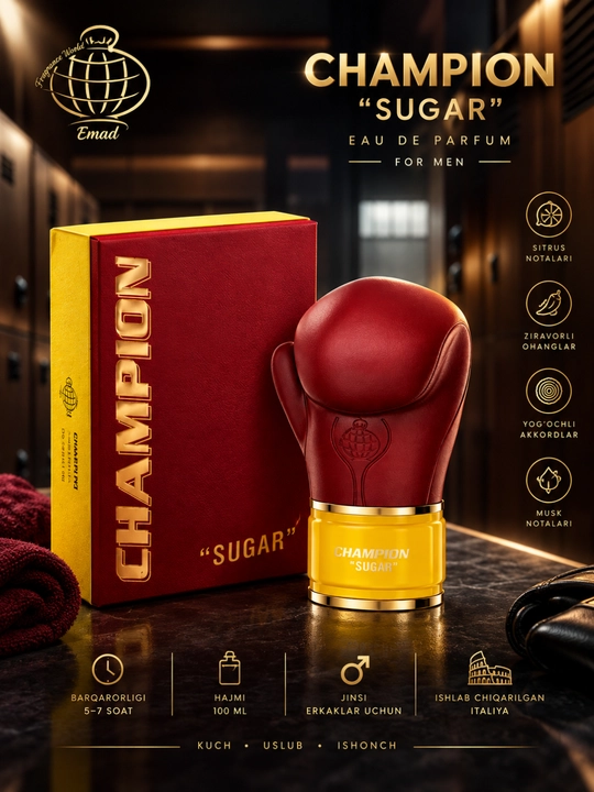 Parfyum CHEMPION SUGAR FRAGRANCE WORLD, Erkaklar uchun oarfyumlangan suv, 100 ml - 