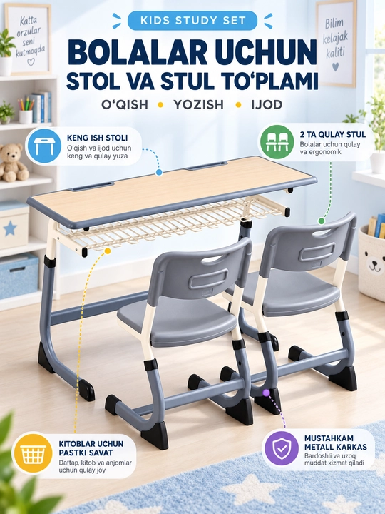 Parta stol va 2 ta stul bolalar uchun, dars stoli, metall karkasli maktab mebeli
