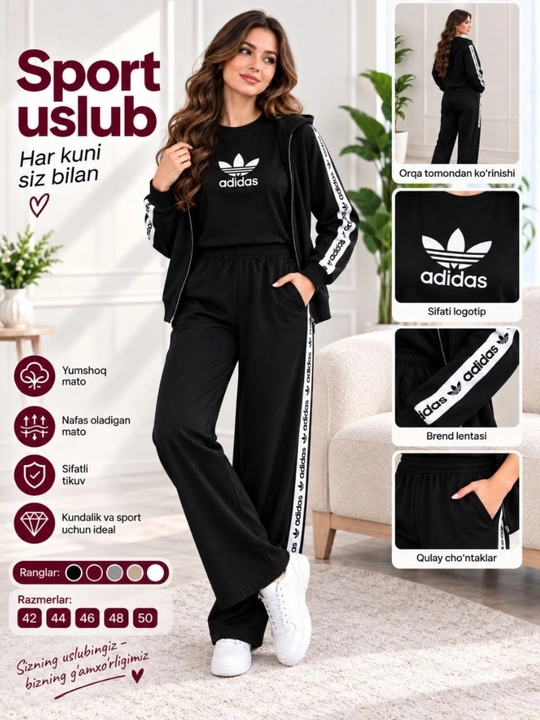 Ayollar sport kostyumi, troyka, futbolka to‘plami,  44-50 razmergacha tushadi standart