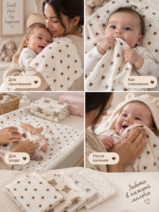Bolalar uchun muslin salfetkalari, 25×25 sm, 4 dona