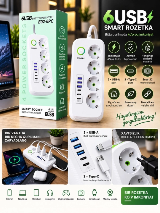 E02-6PC smart uzaytirgich, 4 ta rozetka, 3 USB-A va 3 Type-C portli