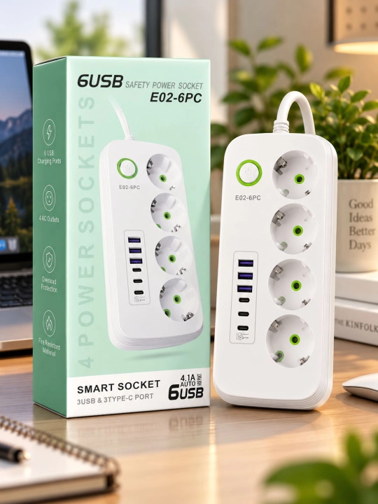 E02-6PC smart uzaytirgich, 4 ta rozetka, 3 USB-A va 3 Type-C portli - 