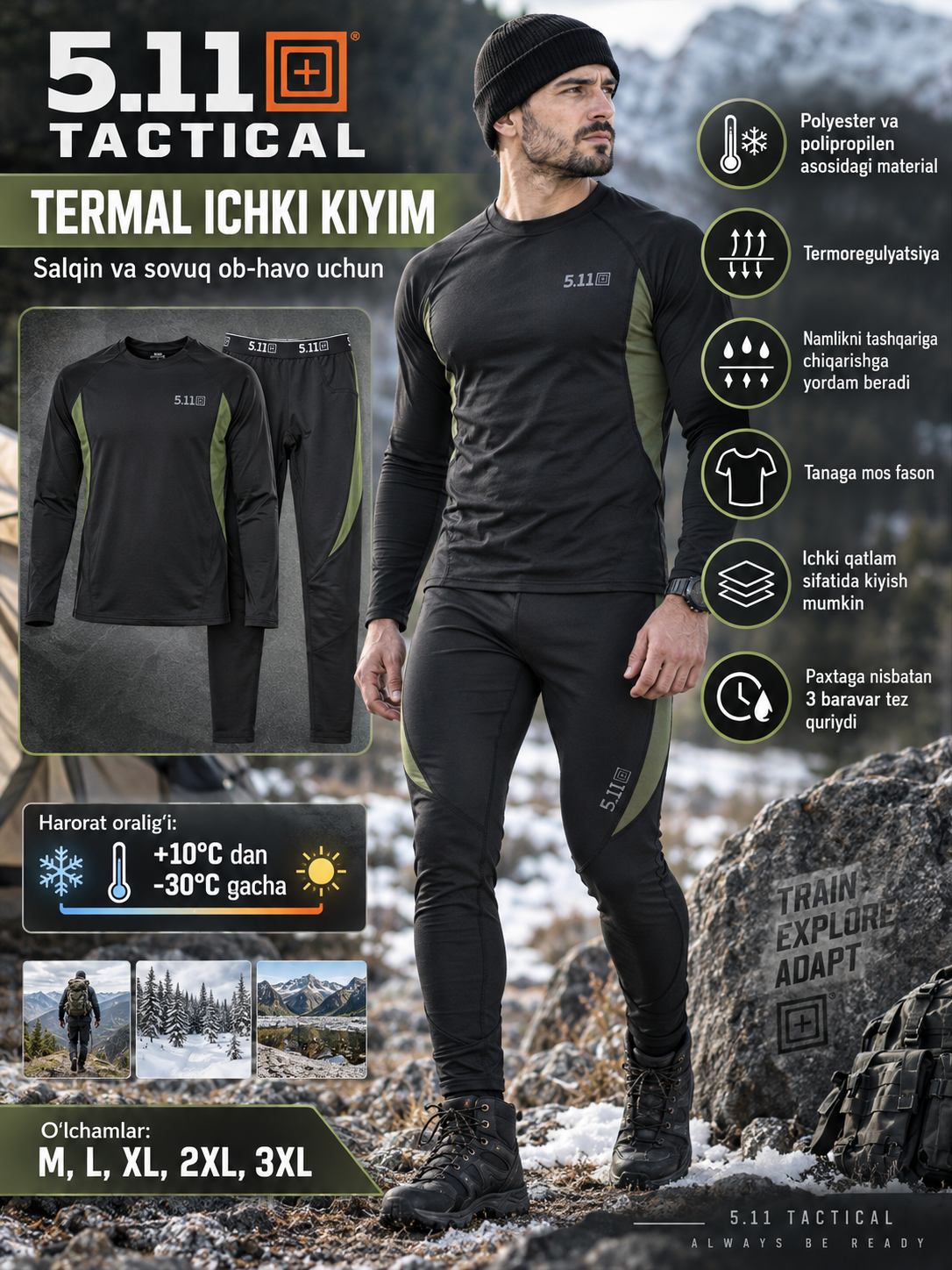 Erkaklar uchun 5.11 termokiyim, termokiyim to‘plami, issiq ichki kiyim, qishki termokiyim