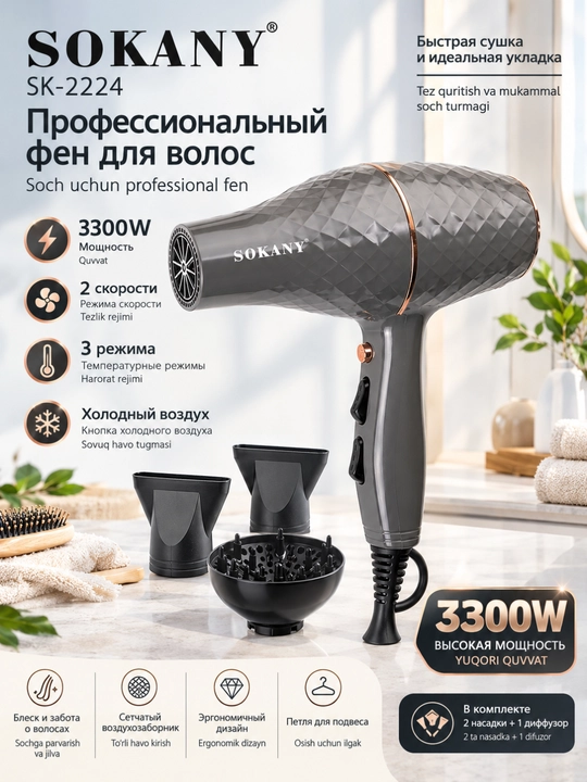 SOKANY Soch quritish va turmaklash uchun SK-2224, Fen professional 3300 Vt - 