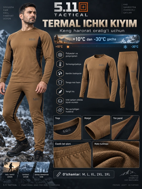 Erkaklar uchun 5.11 termokiyim, termokiyim to‘plami, issiq ichki kiyim, qishki termokiyim