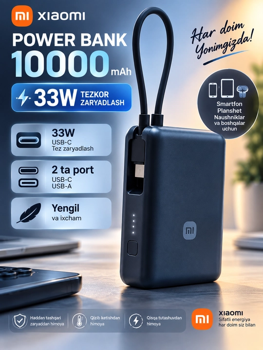 Портативный аккумулятор Xiaomi Power Bank 10000mAh (встроенный кабель) XIAOMI/MI 10 000 - 