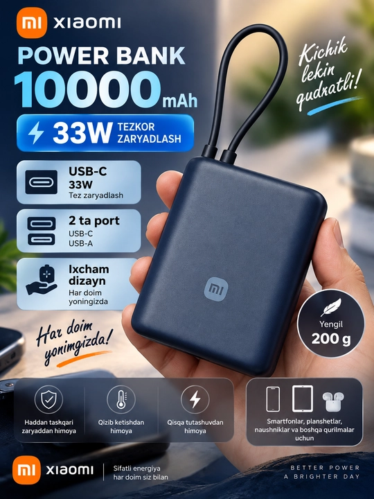 Power bank,Tashqi akkumulyator MI 10000 va XIAOMI 10000 type-c kabeli bilan 3 portli