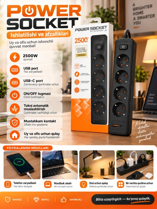Power Socket 2500W elektr uzaytirgich, 4 ta rozetka, USB-A va Type-C portli