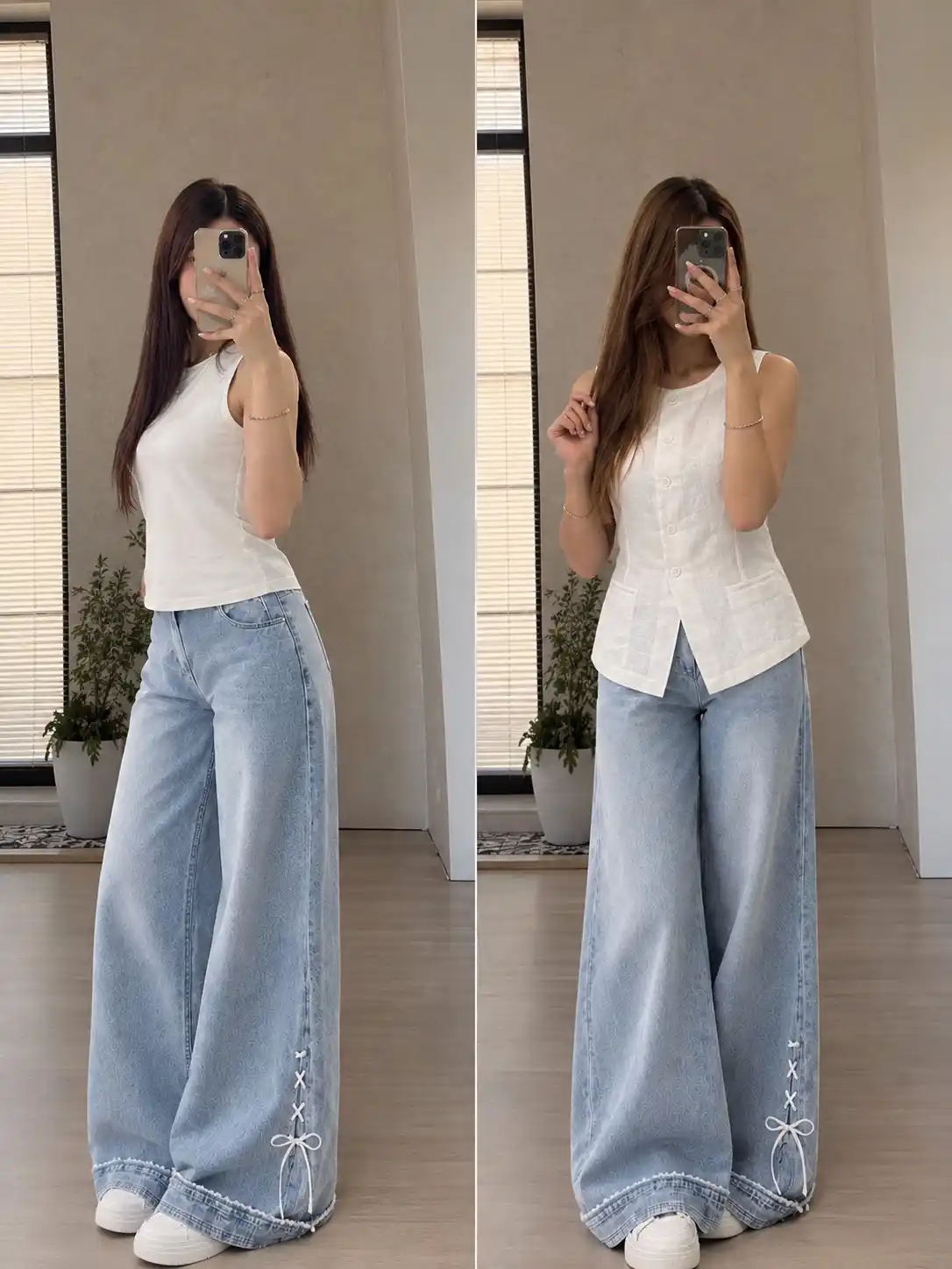 Ayollar uchun dekorativ bog‘ichli keng jinsi shim, zamonaviy model